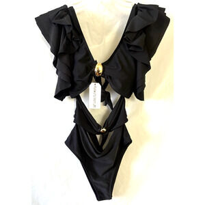 Sporlike Women Ruffle One Pice Swimsuit Hole cut Bathing Suit Padded Tie Black M
